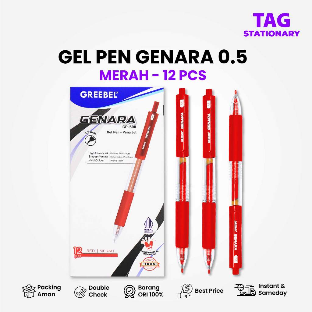 

GREEBEL PULPEN GEL / GEL PEN GP-508 GENARA Merah 0.5 (12PCS/SET) / Ballpen Bolpoin Bolpen Cetek