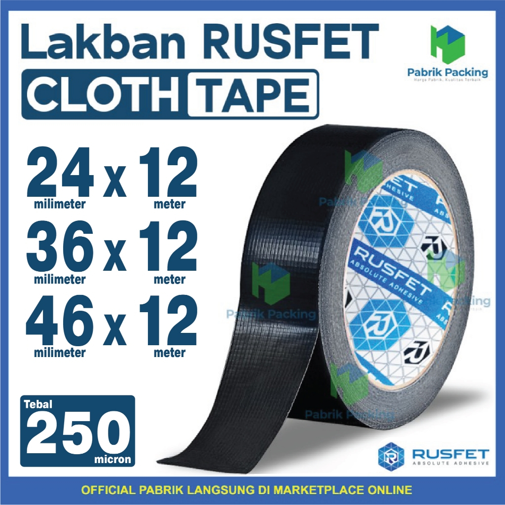 Cloth Tape Rusfet | Lakban Kain Hitam Panjang 12 meter Termurah Satuan