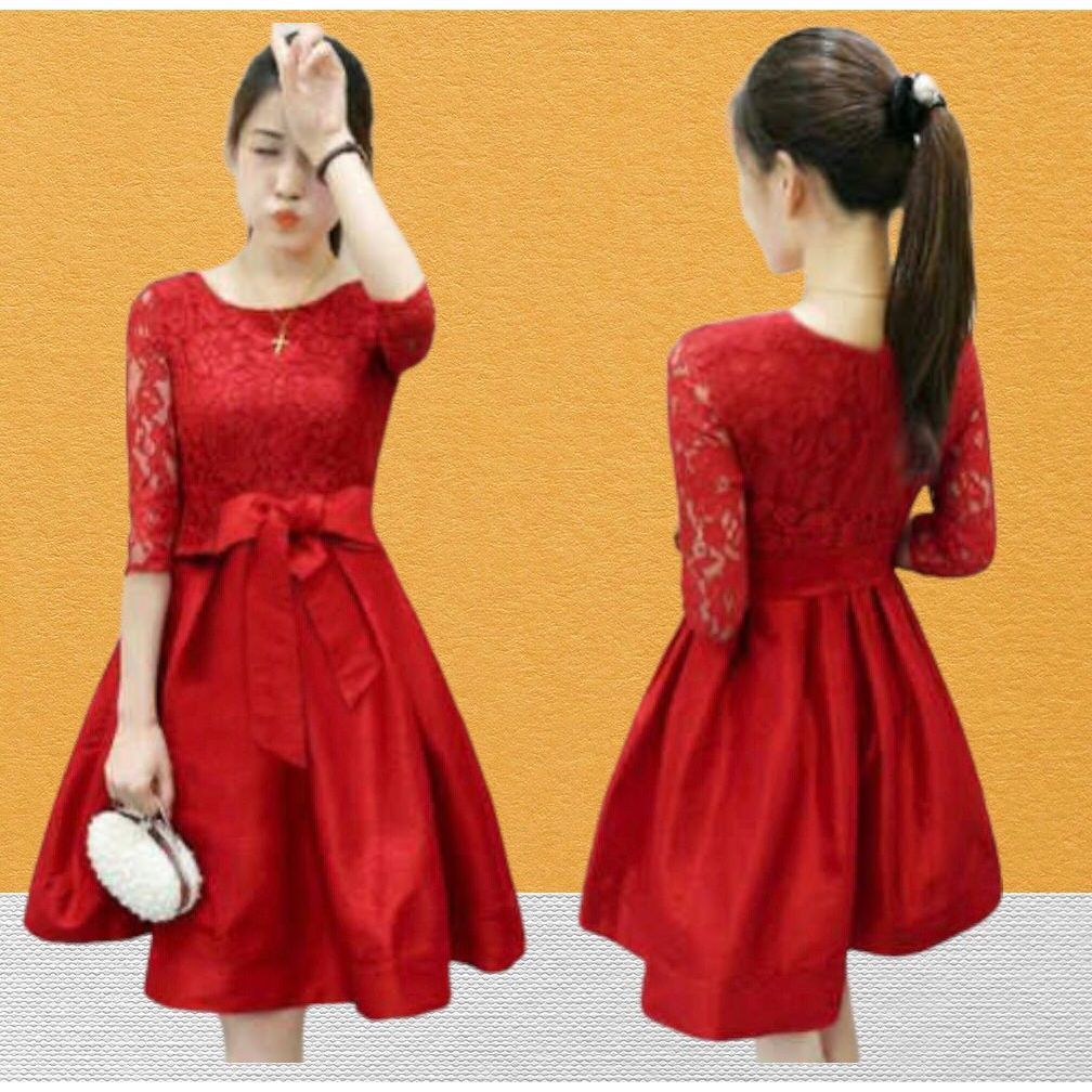 Gaun Dres Dewasa Brokat Lengan 3/4 Hitam Merah Acara Perayaan Natal Gereja Ulang Tahun Imlek Lamaran