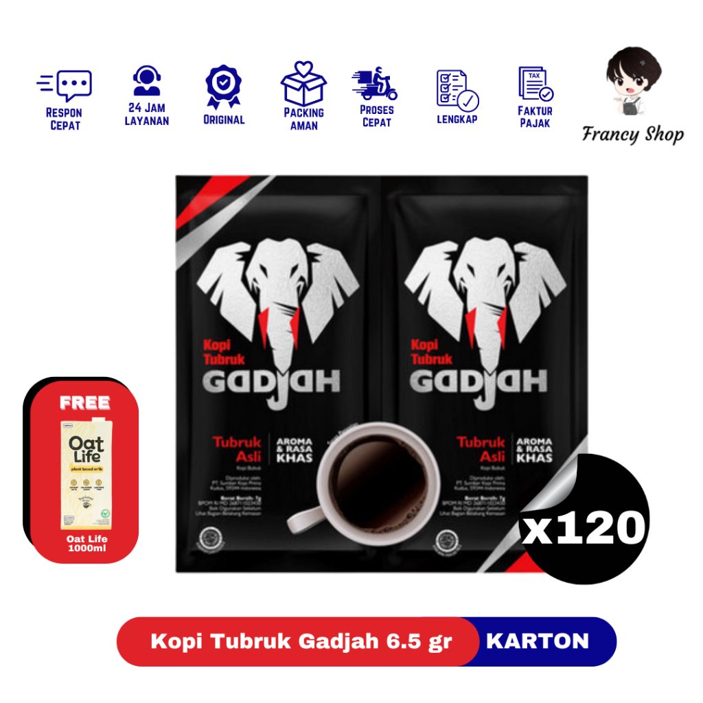 

Paket Murah Kopi Tubruk Gadjah Asli Renteng Sachet 6.5 gr x200 Pcs + FREE OAT LIFE 1L