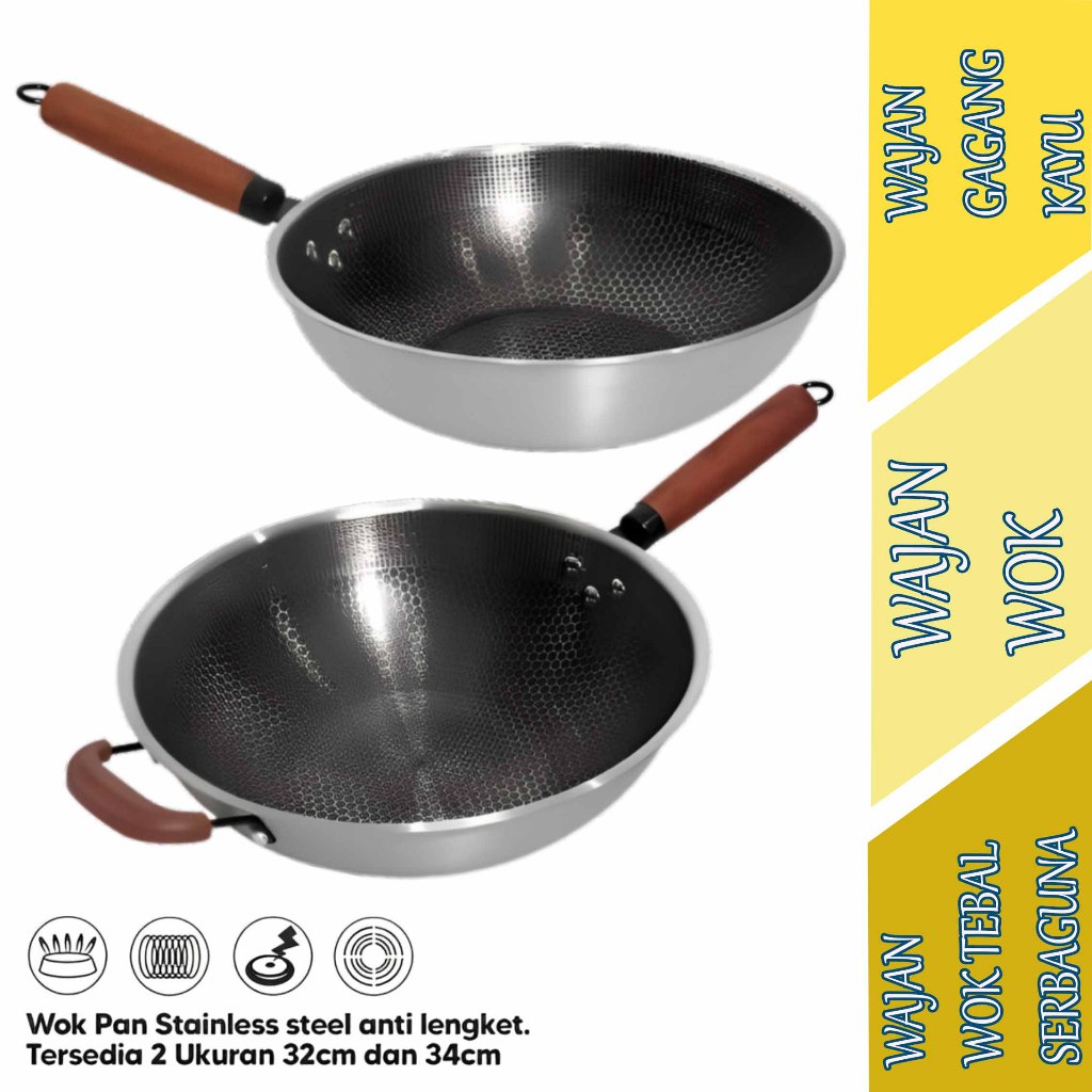 Wajan Wok Tebal Serbaguna - Wajan Wok - Wajan Stainless Gagang Kayu