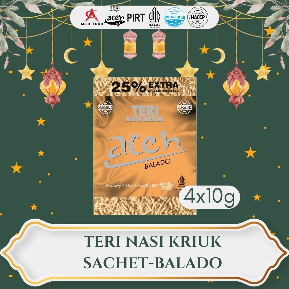 

Snack Cemilan Halal Teri Aceh Nasi Kriuk Crispy Balado Kemasan Sachet - 4pcs x 10gr - Aceh Food