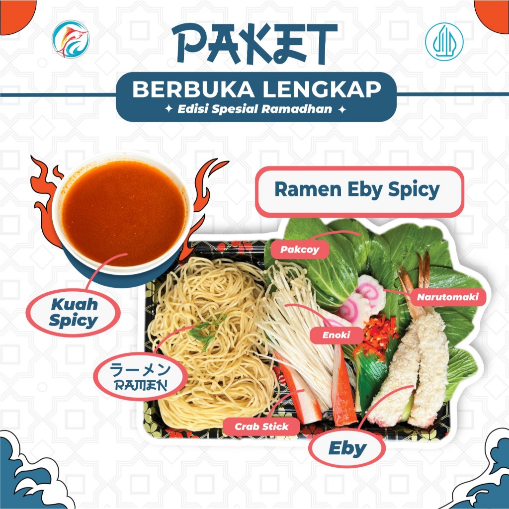 

paket hemat berbuka ramen eby spicy ii mie ramen II ebi furai II narutomaki II crabstik II pokcoy II kuah spicy