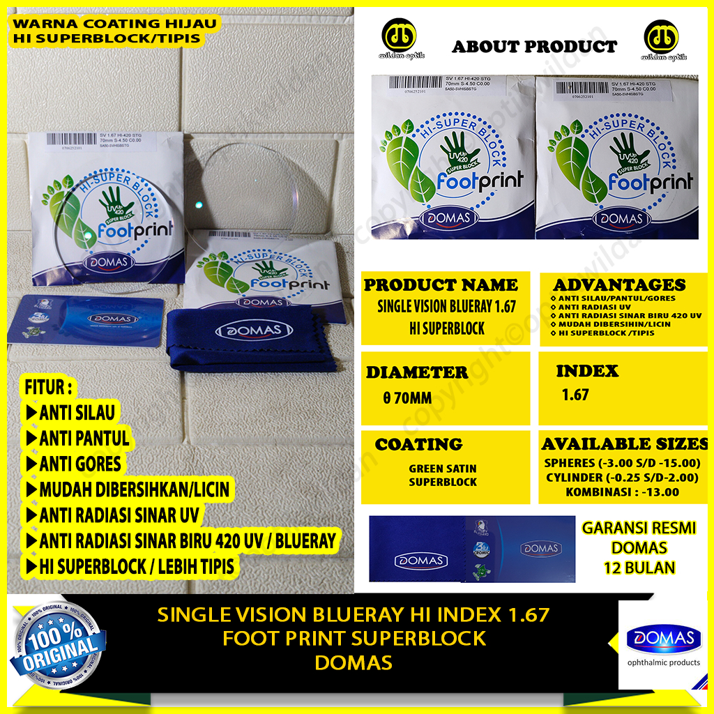 DOMAS SINGLE VISION 1.67 BLUERAY FOOT PRINT SUPERBLOCK READY STOCK