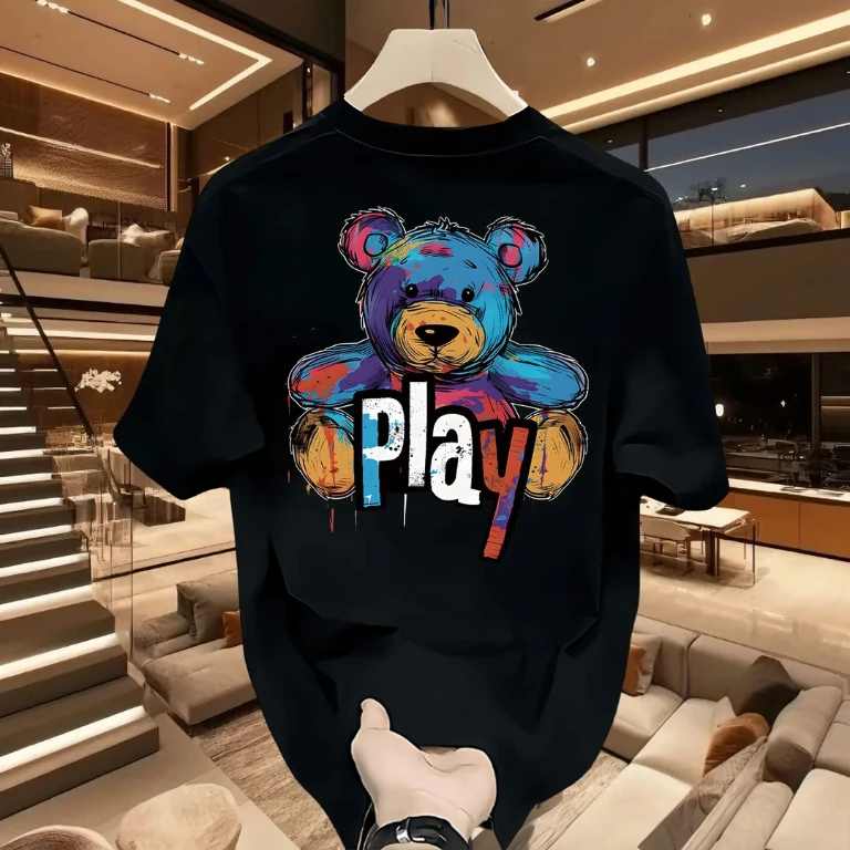 Kaos Lengan Pendek Beruang Pasang Amerika Dicetak Kaos Santai Pria