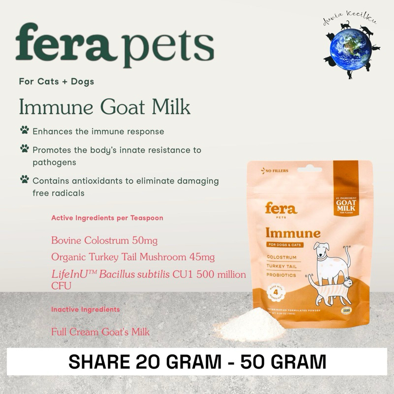 Fera Pets Immune Goat Milk Bovine Collostrum Probiotik Anjing Kucing / Recovery (SHARE 20-50 GRAM)
