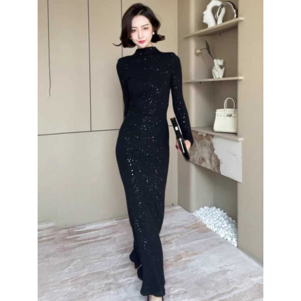 Jimiso 403 Gaun Berpayet Setengah Turtleneck Hitam untuk Wanita Rok Panjang Bottoming Ramping Pelang