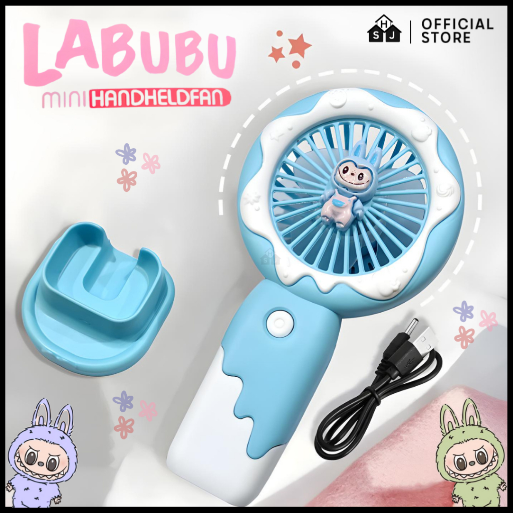 Kipas Angin Mini Portable Donat Karakter Labubu Standing Fan USB Rechargeable