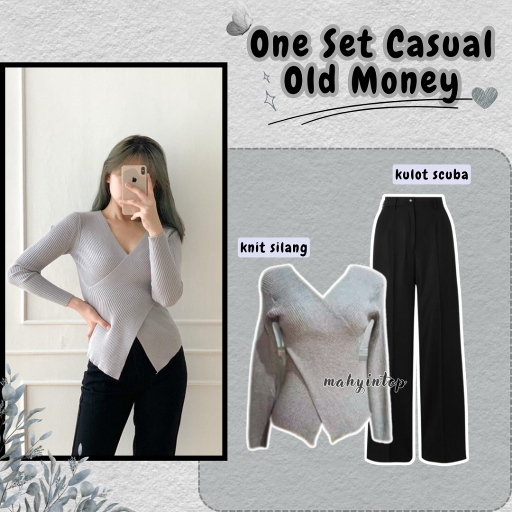 One Set Korean Style ( Knit Rajut + Kulot Scuba ) Setelan Crop Wanita Kekinian Aestatic Style Ala Ol