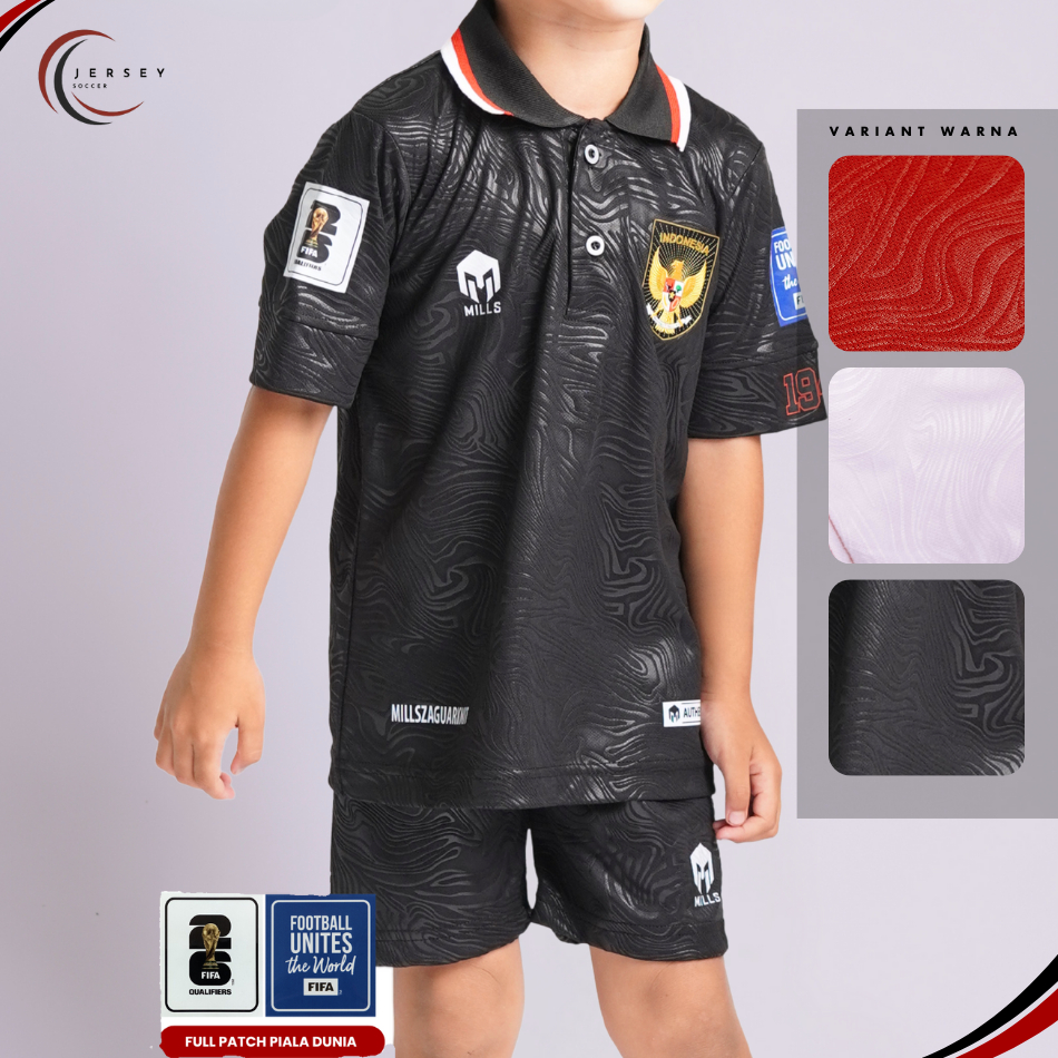JerseySoccer Setelan Jersey Anak Timnas Indonesia Mills Hitam Home 2024 Unisex Baju Dan Celana