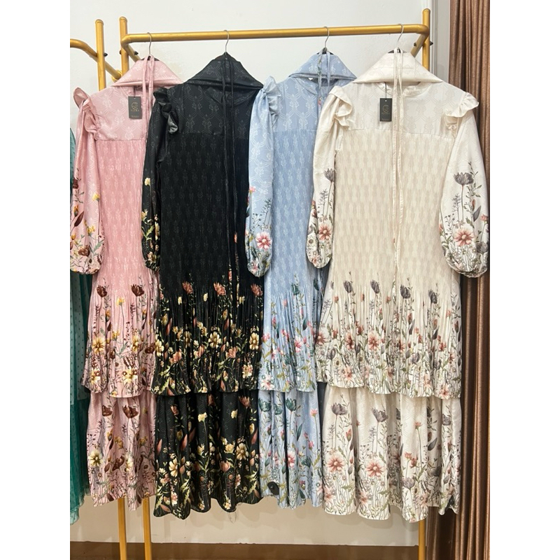 Gamis Plisket Kecil Bunga Trend Layer Silk Hari Raya Dress Dewasa Lebaran Mewah - Wanita, Syari, Pes