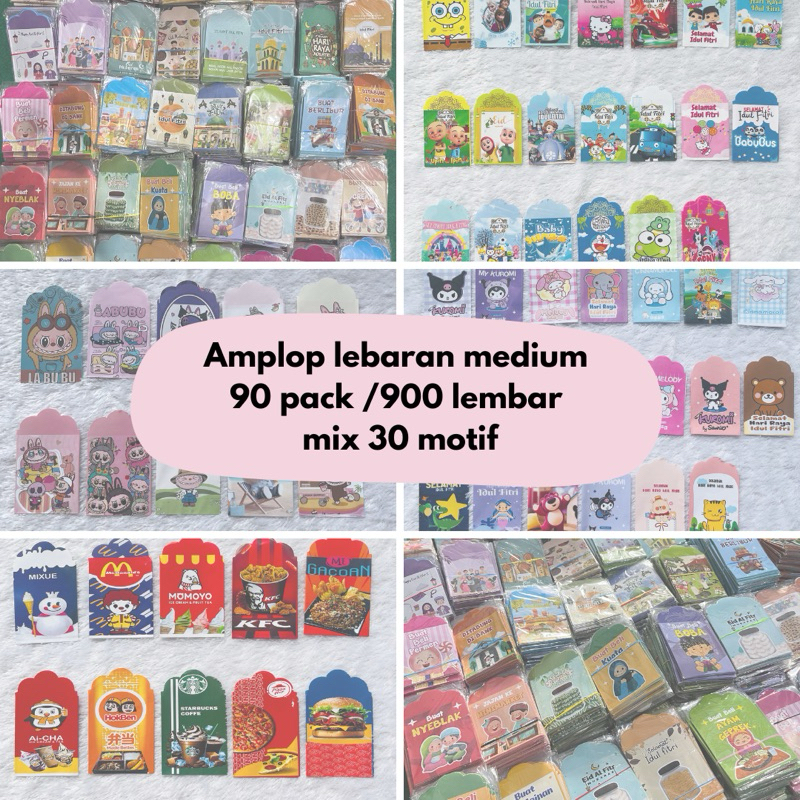 

90pak/900 lembar amplop lebaran medium 30 motif mix