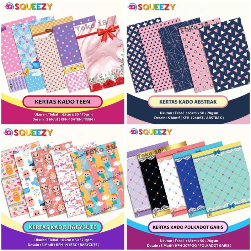 

30 Lembar Kertas Kado Merek Squeezy(3 motif)