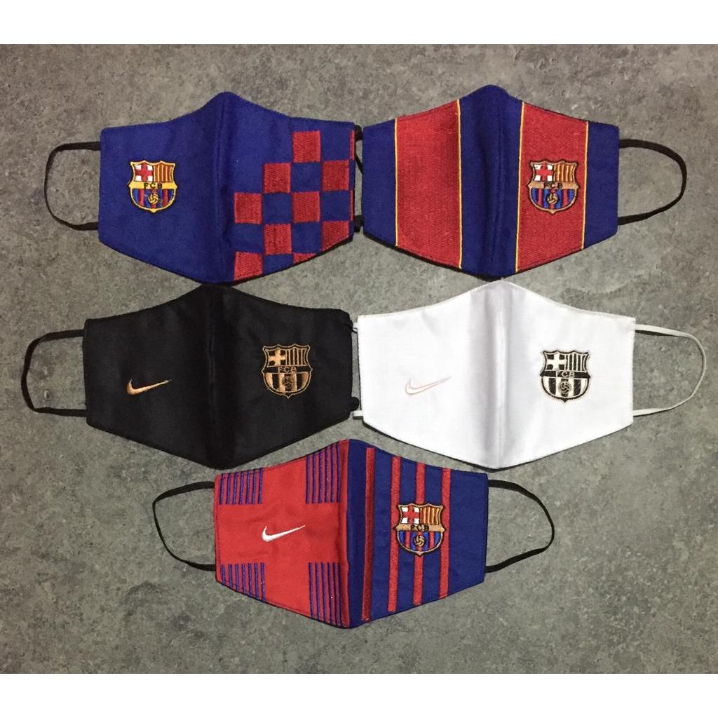 Masker Bordir Bola Barcelona Kain Katun Logo Bordir