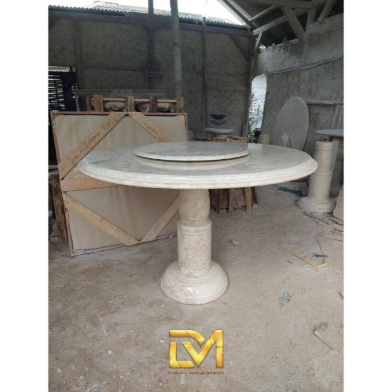Meja Makan Furniture Bulat Putar Batu Marmer Putih Super