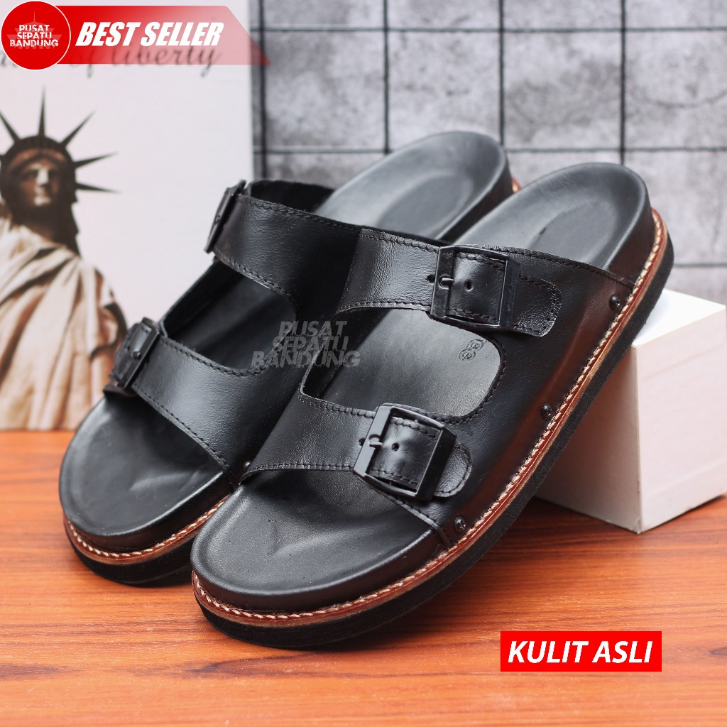 PUSAT SEPATU BANDUNG MILANO - Sandal Puyuh Slop Pria Bahan Kulit Warna Hitam Ukuran 38 - 44
