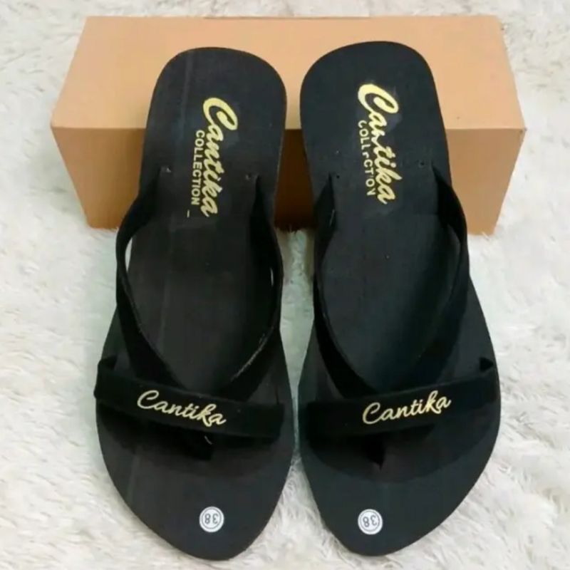 Sandal jepit wanita motif Cantika wedges hak sedang terbaru//sandal wanita Cantika japit wedges hak 