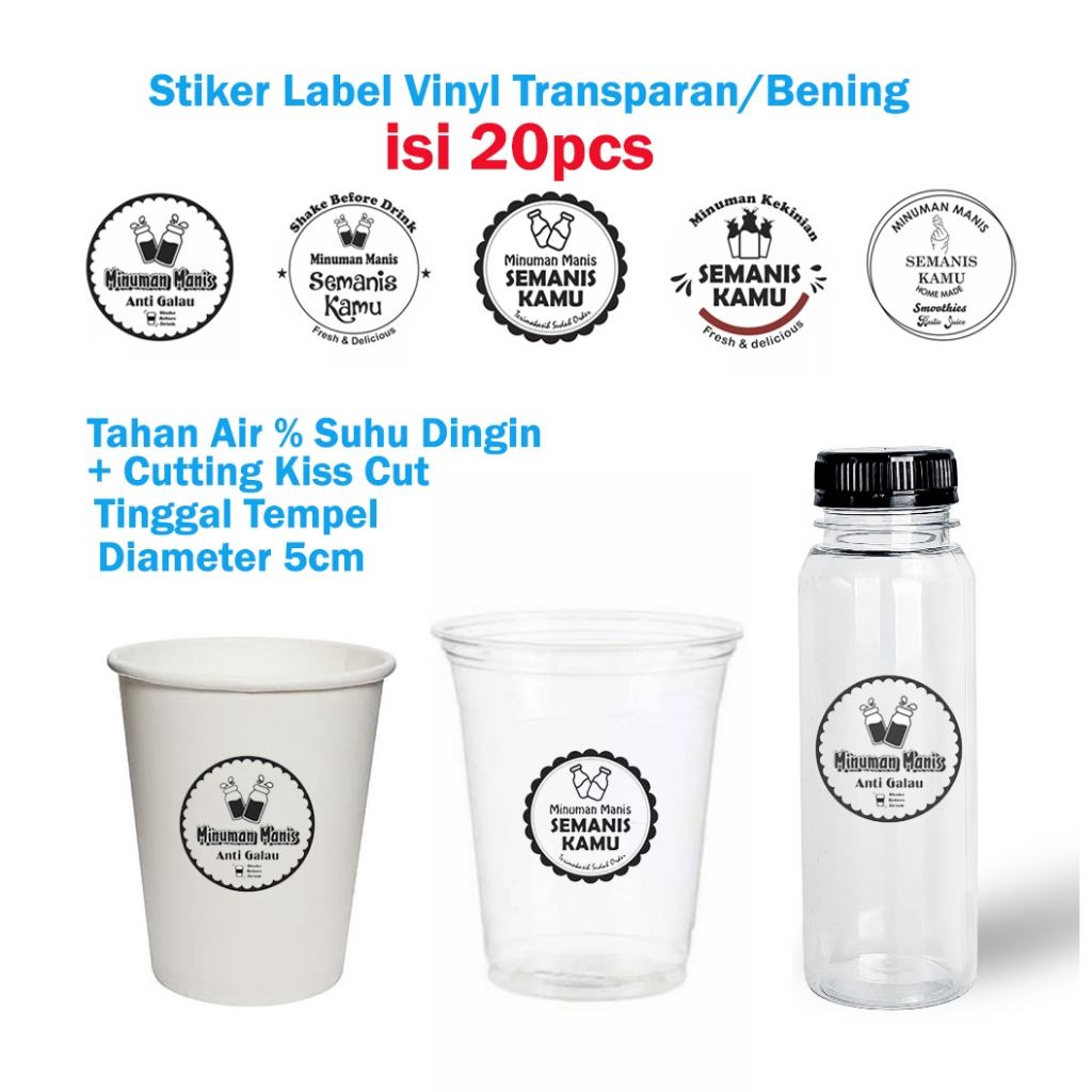 

( ISI 20 PCS ) Stiker Label Vinyl Transparan untuk Gelas cup Botol dan kemasan lain