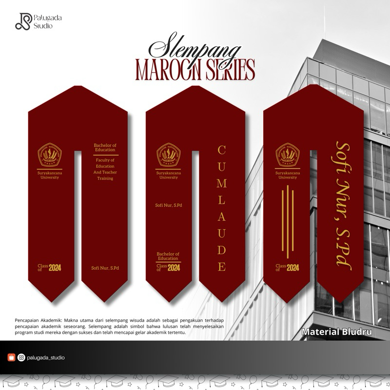 SELEMPANG WISUDA LEHER BORDIR PREMIUM/SELEMPANG 2 LAPIS/SELEMPANG MAROON SERIES