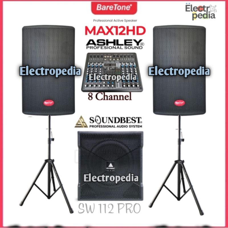 Paket Sound System Speaker Aktif 12Inch Baretone 12HD  Subwoofer Soundbest SW 112Pro Mixer Ashley 8c