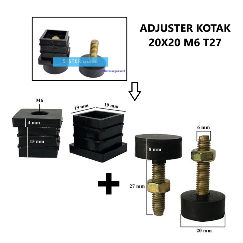 Karet Kaki Stabil Adjuster D20 T27 M6 Kuning Plus Hollow Kotak Plastik 2x2 M6 - 1 Pack Isi 2 Set
