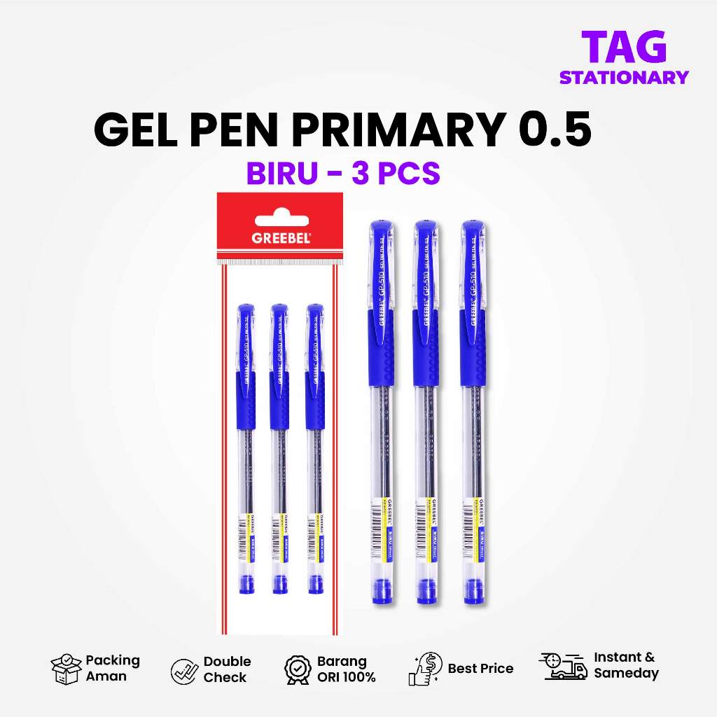 

GREEBEL PULPEN GEL / GEL PEN GP-510 PRIMARY Biru 0.5 (3 PCS/SET) / Ballpen Gel Ballpoint Bolpen Gel