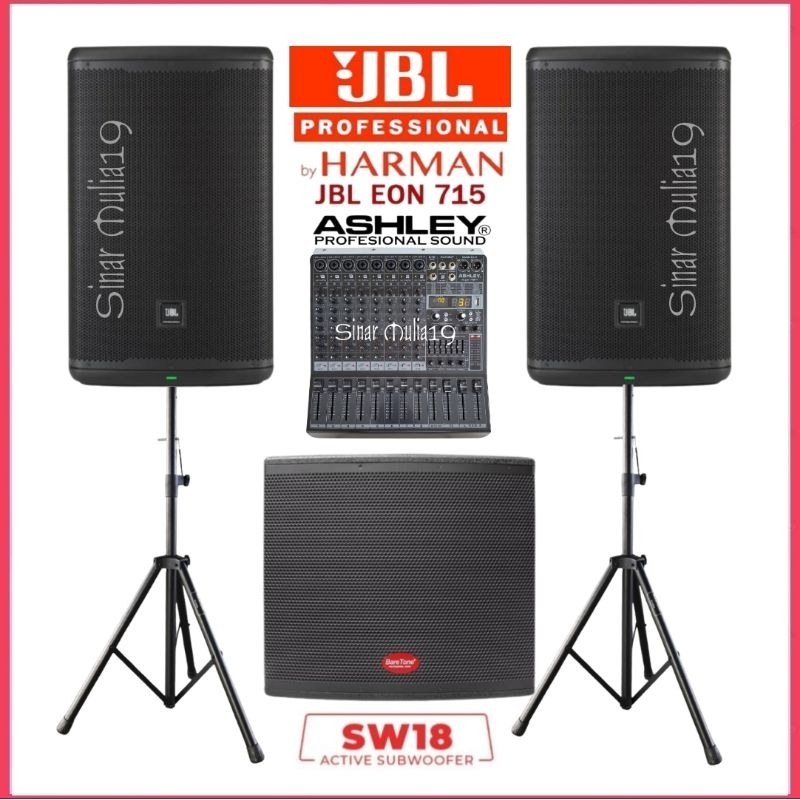 Paket Sound System Speaker Aktif JBL EON715 Subwoofer 18 Inch BareTone SW18 Mixer Ashley Super M8 Pr