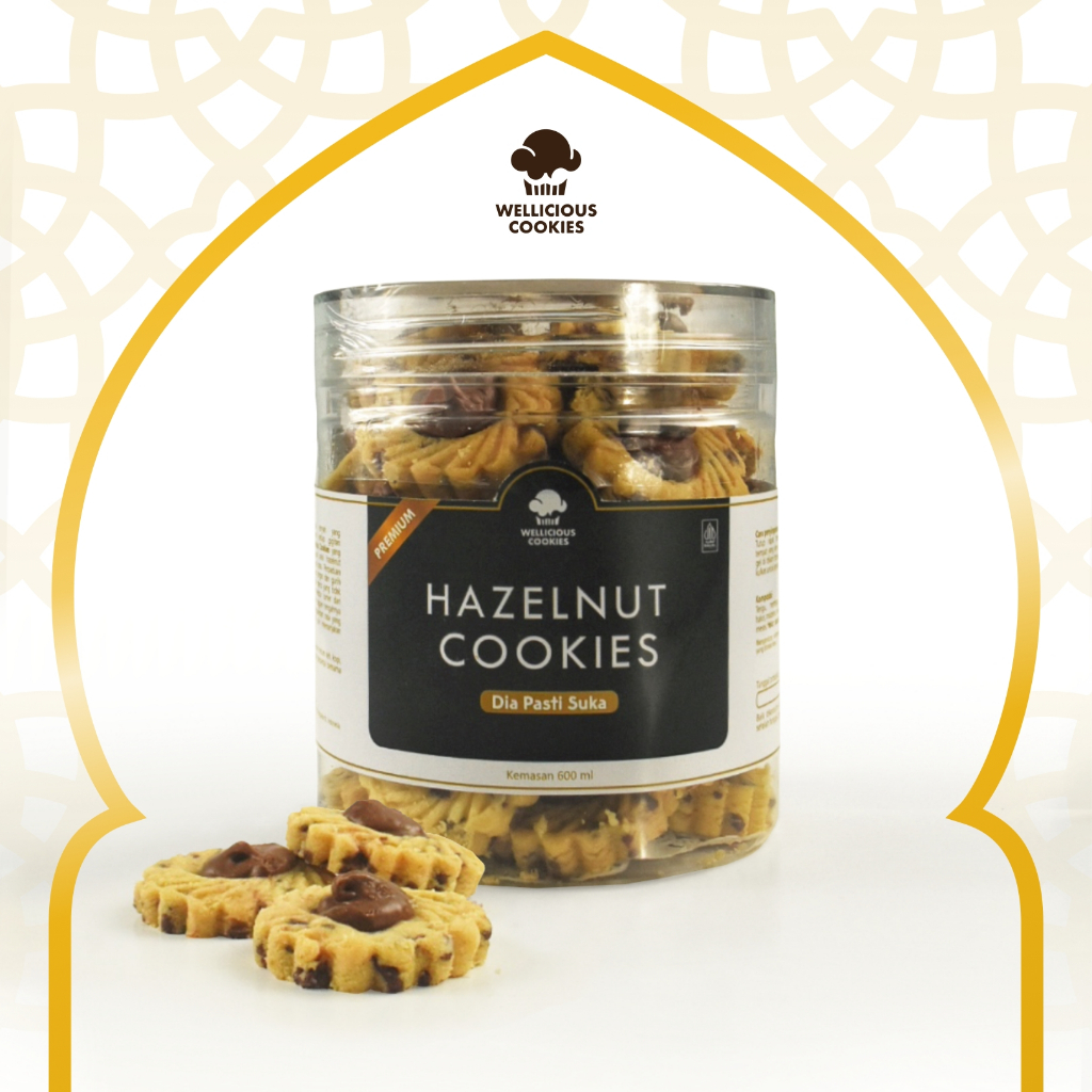 

Kue Kering Hazelnut Cookies Premium Hampers, Hantaran, Hadiah Hari Raya Toples Tabung 600 ml