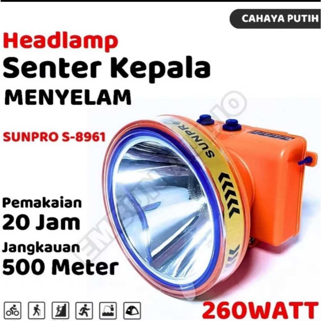 Senter kepala menyelam sunpro s-8961 260watt senter kepala selam cahaya putih tidak mudah rusak