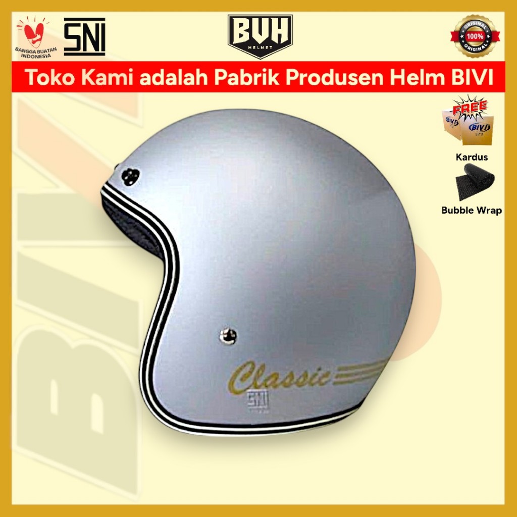 Helm BIVI Bogo Classic Silver Doff + Kaca SNI Retro Half Face Hijab Bivi Helmet Retro
