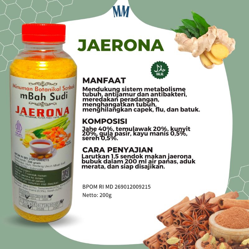 

Jaerona/ jahe, temulawak, kunyit, gula pasir, kayu manis, sereh/ Jamu bubuk/ jamu instan/ minuman tradisional bubuk/ jamu tradisional/ minuman rempah/ jamu rempah/ jamu herbal