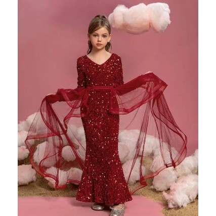 GAUN ANAK BERKILAU DENGAN PAYETAN DI  GAUN BERKILAU LENGAN PANJANG EKOR TULLE MAROON / MERAH