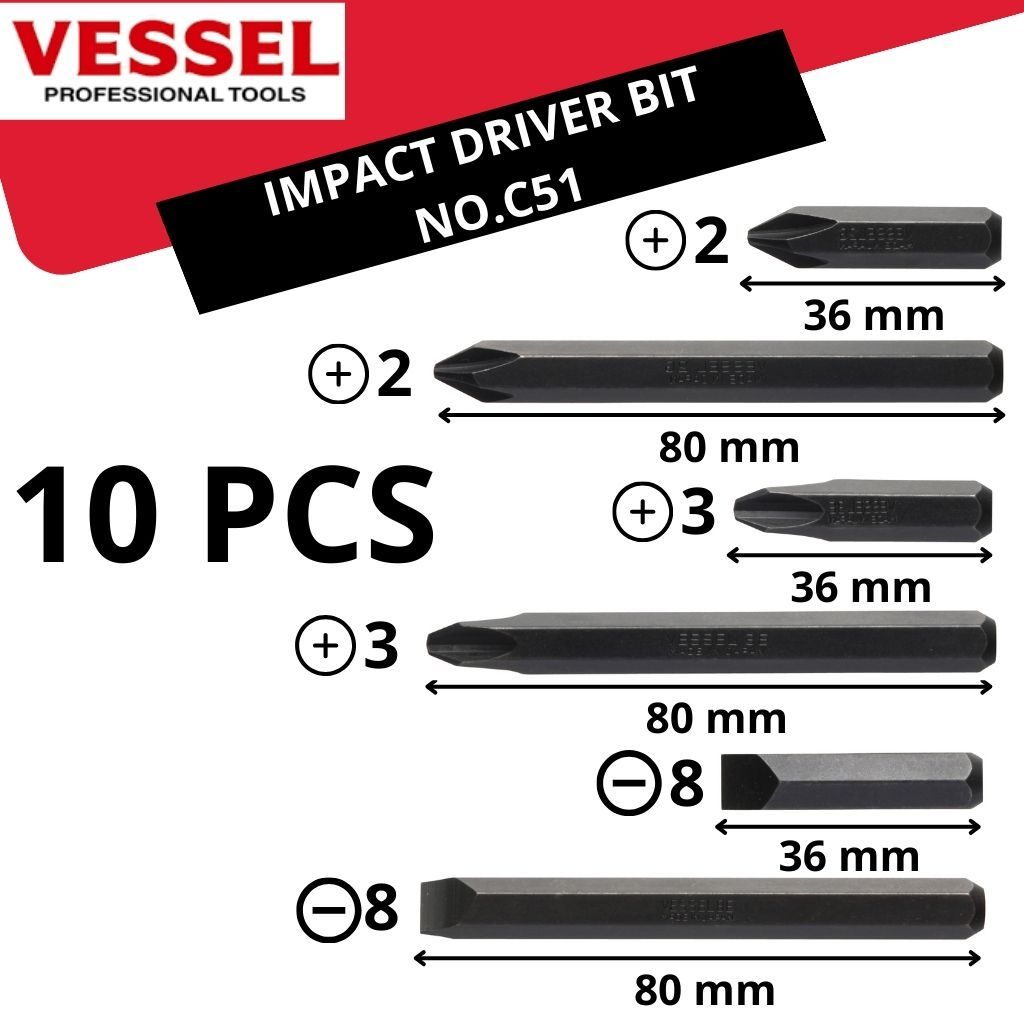 Vessel Mata Bit Obeng Ketok PH 2/3/4 Min 8/10/12 Impact Driver Bit Screwdriver No.C51 Plus Slotted