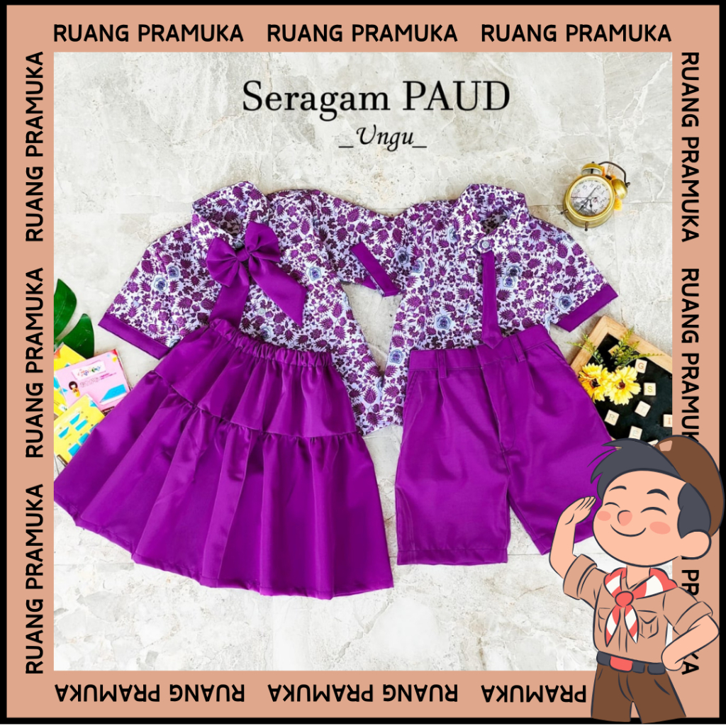 Baju Batik PAUD Ungu Seragam TK Anak Setelan Seragam Sekolah Batik Paud 1-10 Tahun