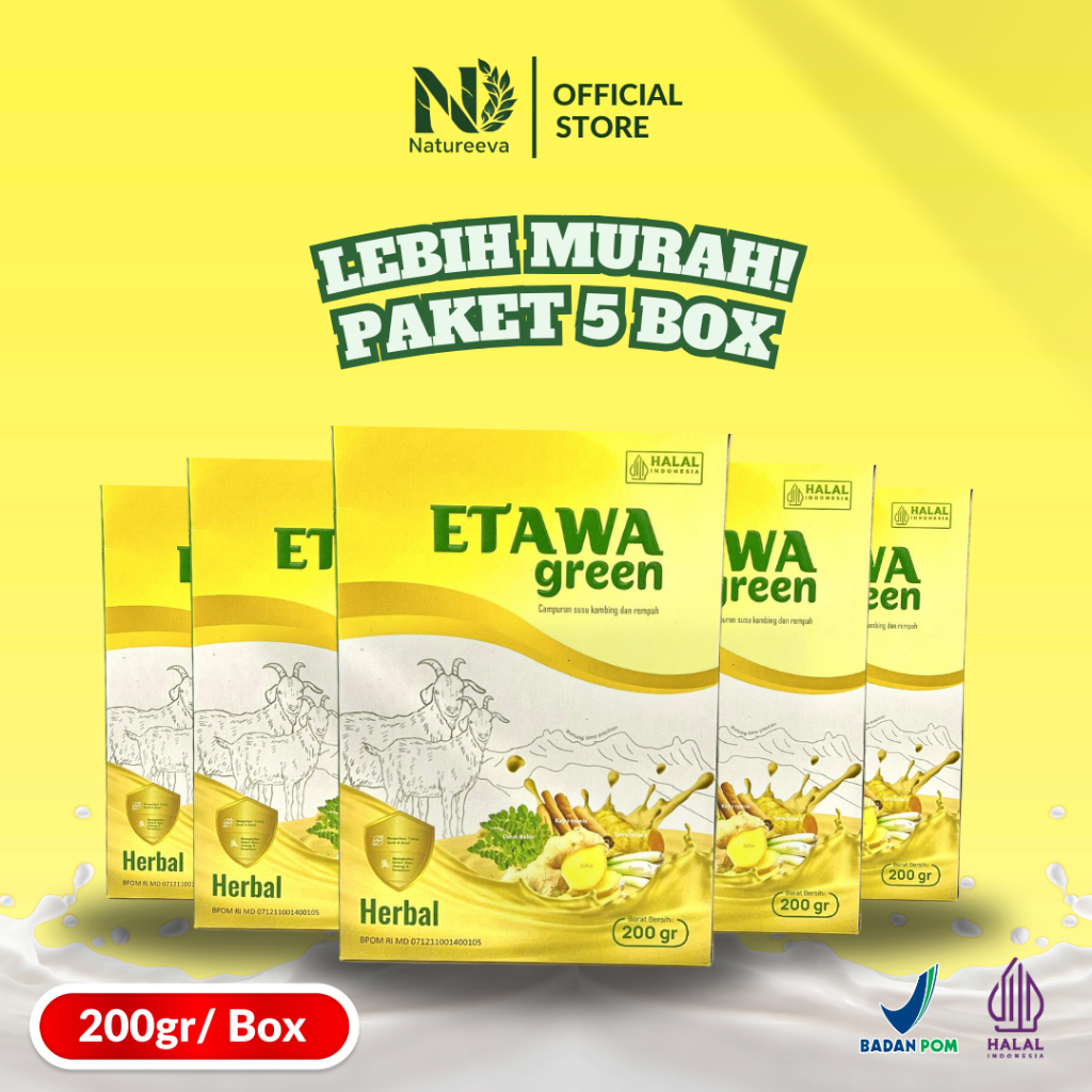 

Paket 5 BOX ETAWA GREEN 200gr - Susu Kambing Etawa Murni+Herbal+Superfood Daun Kelor – Atasi Masalah Tulang Sendi