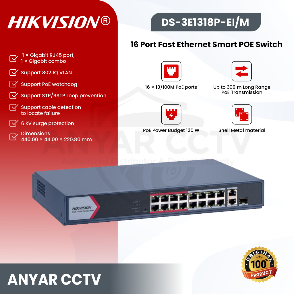 HIKVISION DS-3E1318P-EI/M - Smart POE Switch 16 Port POE 2 Uplink