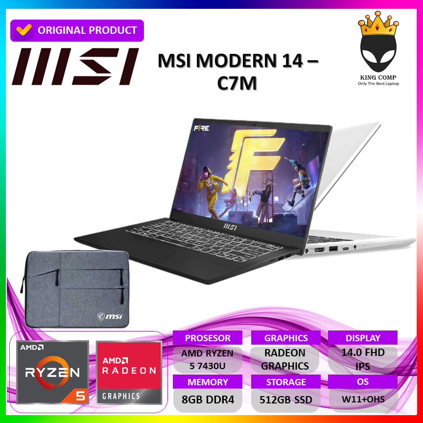 MSI MODERN 14 C7M 291ID AMD Ryzen 5 7430U 512GB SSD 8GB RAM AMD Radeon Graphics Notebook Laptop