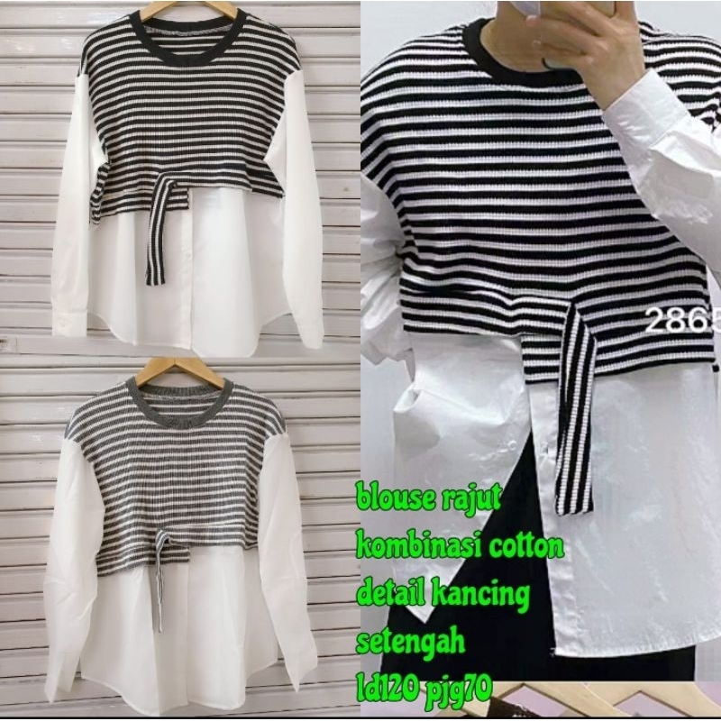 Blouse Zra Garis Kombinasi Bahan Rajut Mix Katun Import
