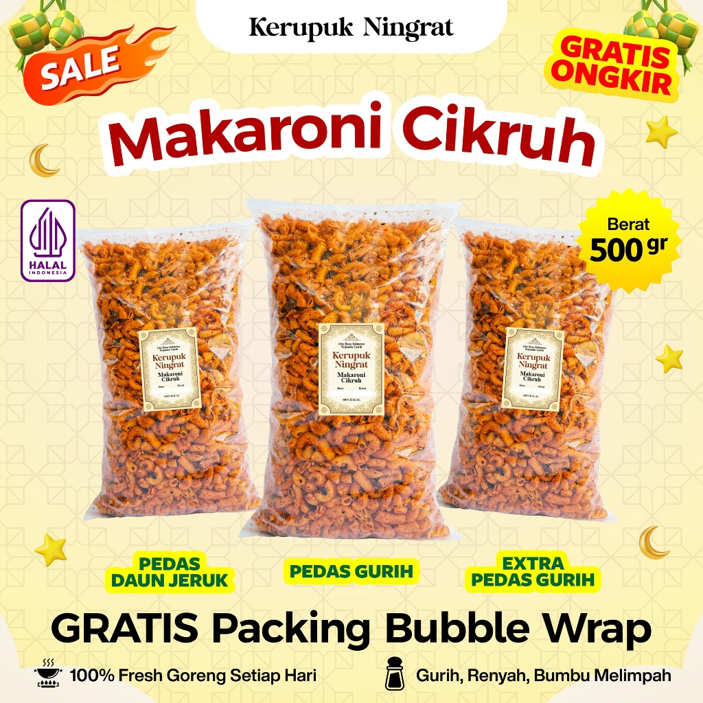 

Makaroni Cikruh 500gr Pedas Gurih & Pedas Daun Jeruk Halal Food Snack Camilan Crispy