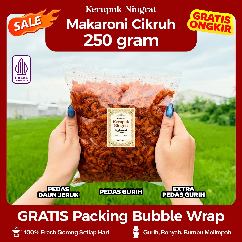 

Makaroni Cikruh 250gr Pedas Gurih & Pedas Daun Jeruk Halal Food Snack Camilan Crispy