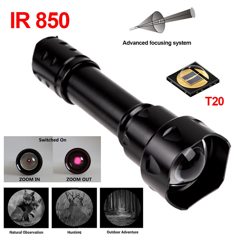 BORUiT T20 Senter Taktis LED Penglihatan Malam IR 850nm Inframerah Zoom IPX6 Senter Tahan Air Menggu