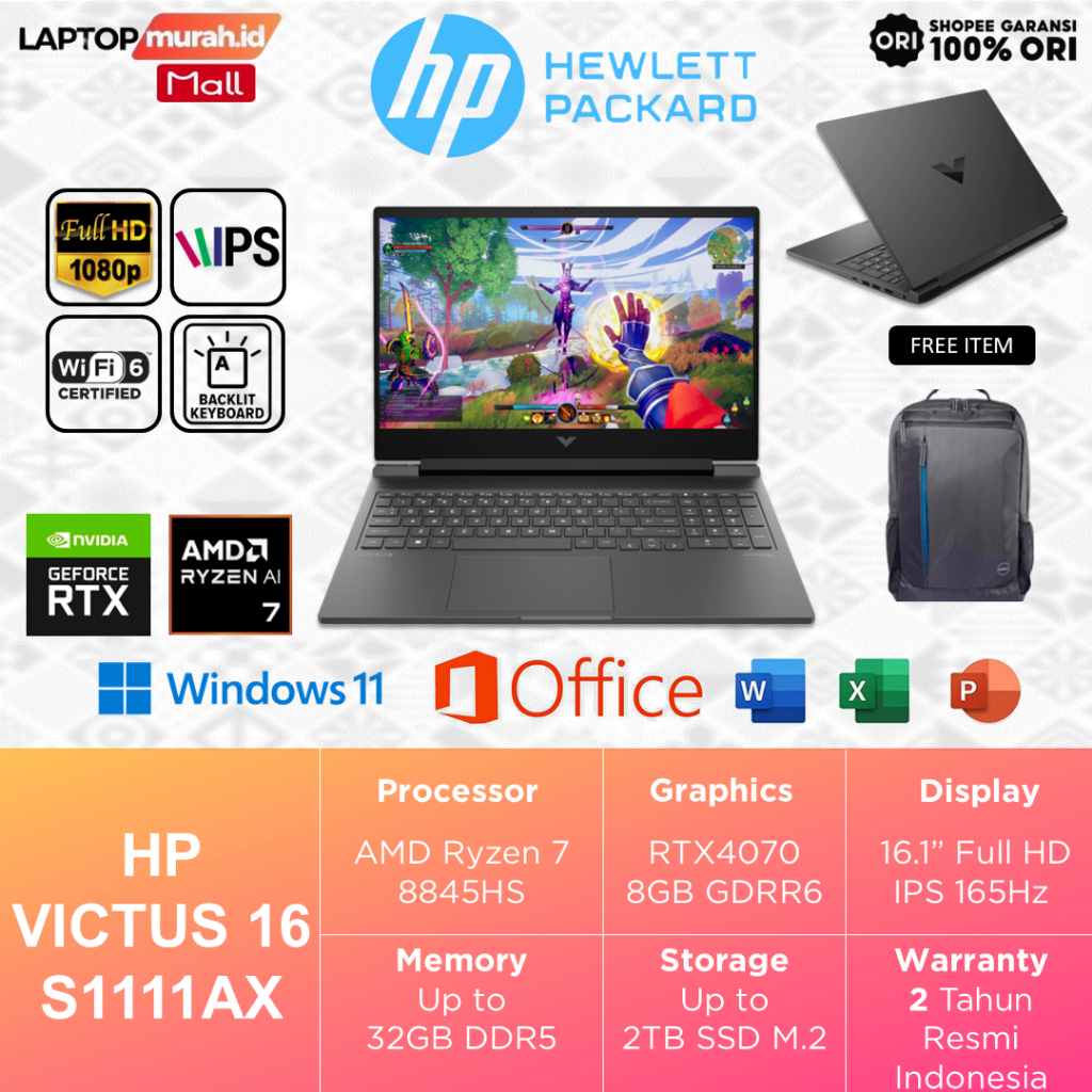 Laptop HP Victus RTX4070 8GB Ryzen 7-8845HS 32GB 2TB 16" Full HD 165Hz Windows 11 - Victus S1777AX