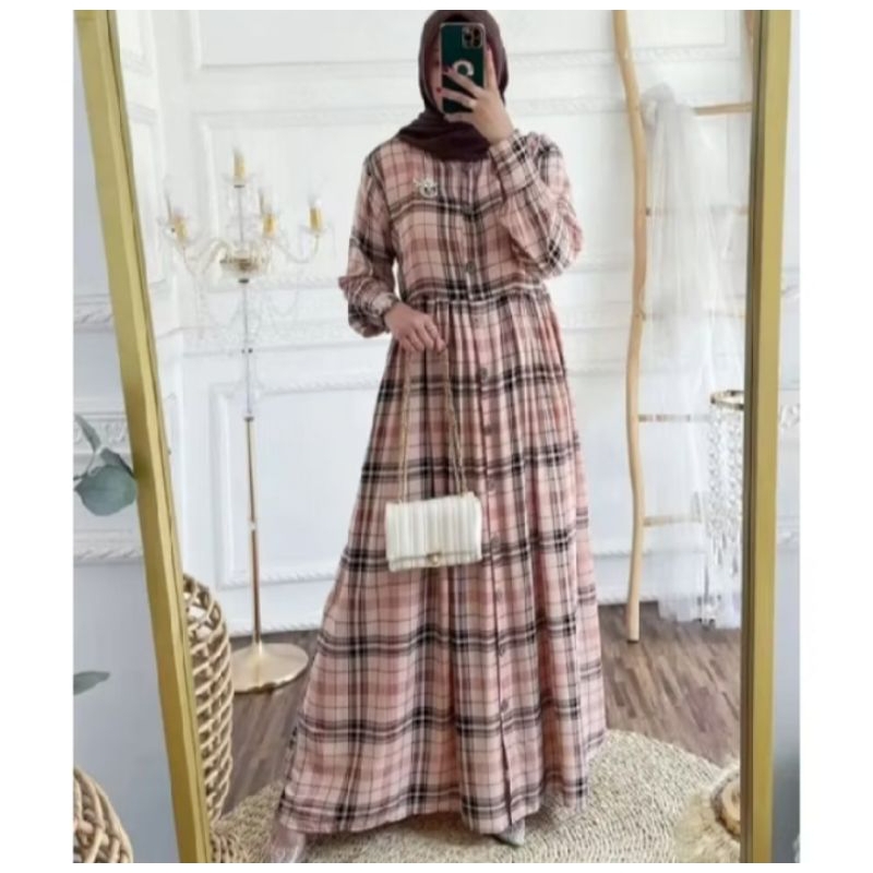 Midi Dress Burbery Rayon Kotak Terbaru 2025 Untuk Wanita Muslim