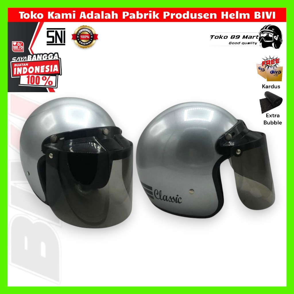 Helm Bogo Classic Silver Glossy + Kaca SNI BIVI Retro Half Face Hijab Bivi Helmet Retro