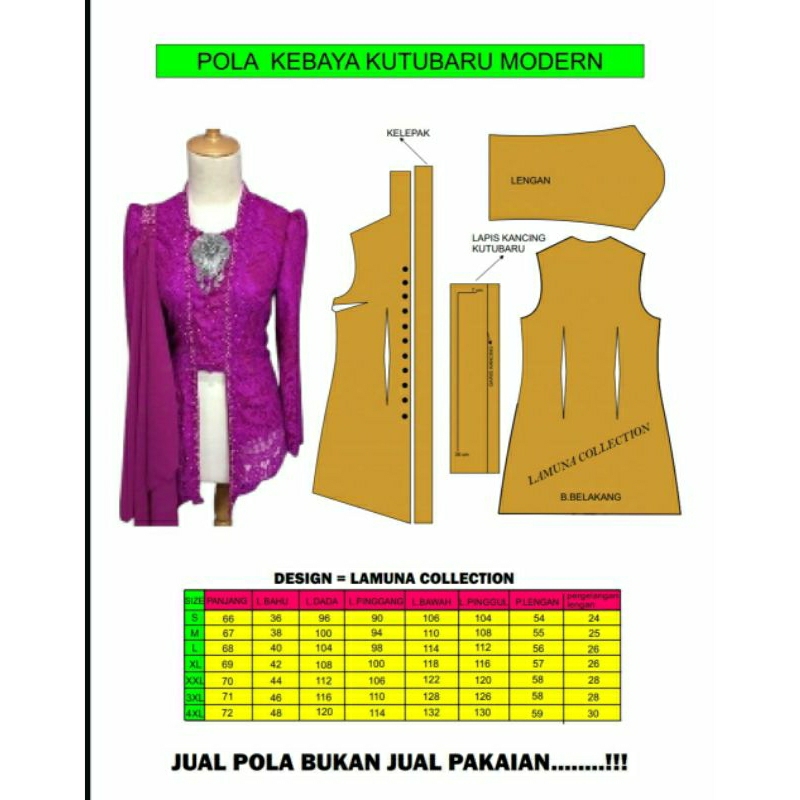POLA INSTAN KEBAYA KUTUBARU MODEREN (TINGGAL JIPLAK)