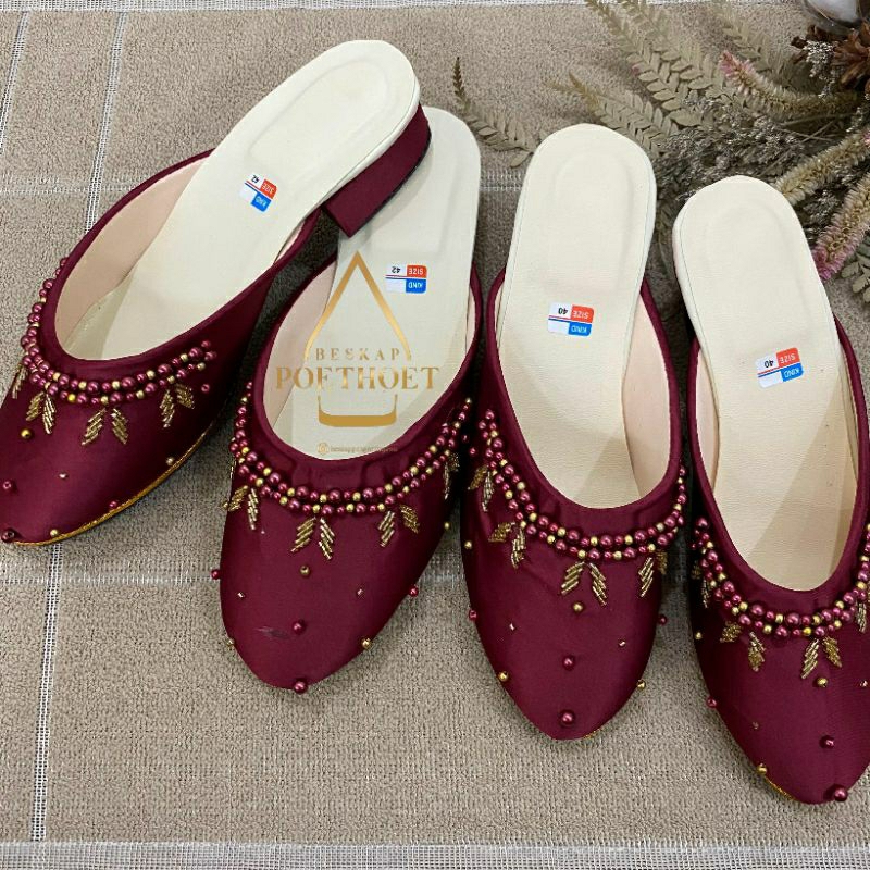 sendal manten Jawa selop pengantin payet merah Maroon