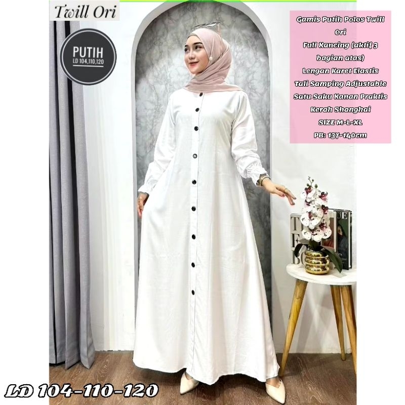 Gamis Putih Polos Twill Ori - Dress Muslim Wanita Busui Friendly | Model Formal & Elegan