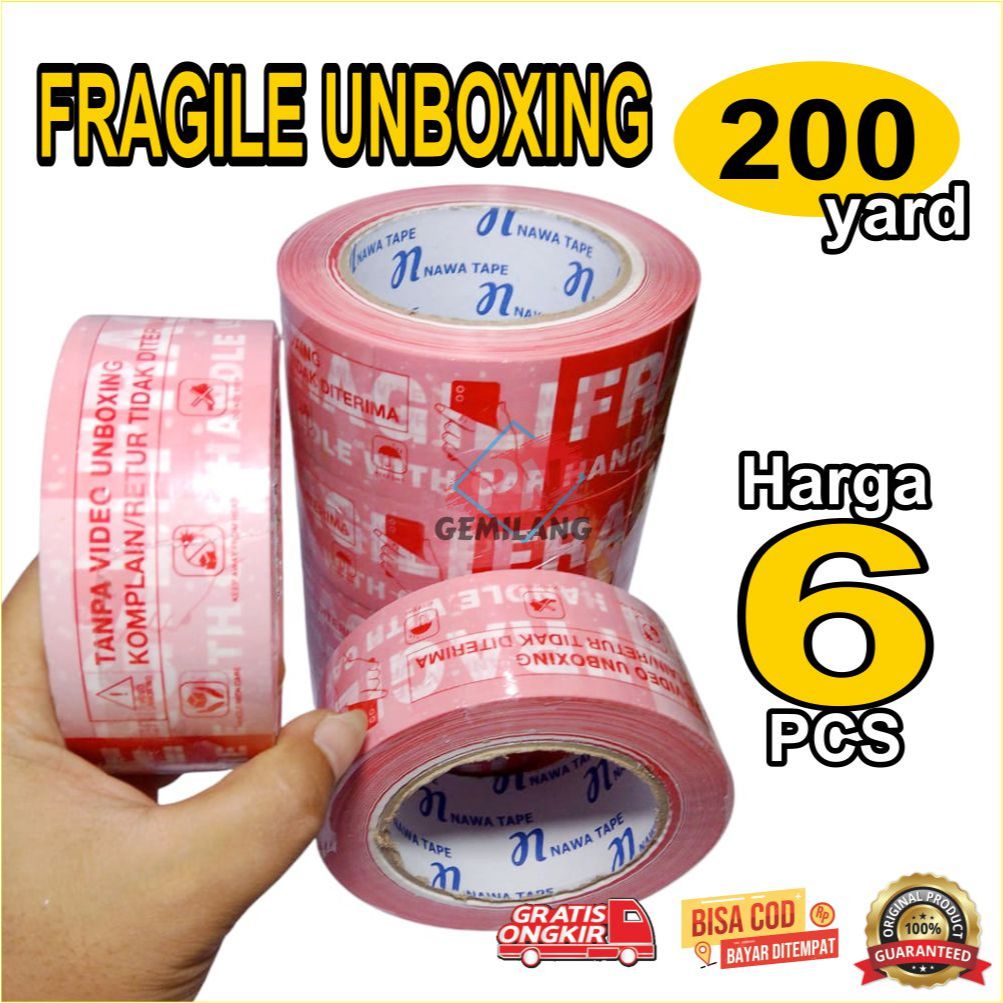 

TAPE LAKBAN FRAGILE UNBOXING PANJANG 200YARD HARGA UNTUK 6 PCS / 1 SLOP,LAKBAN UNBOXING 200YARD