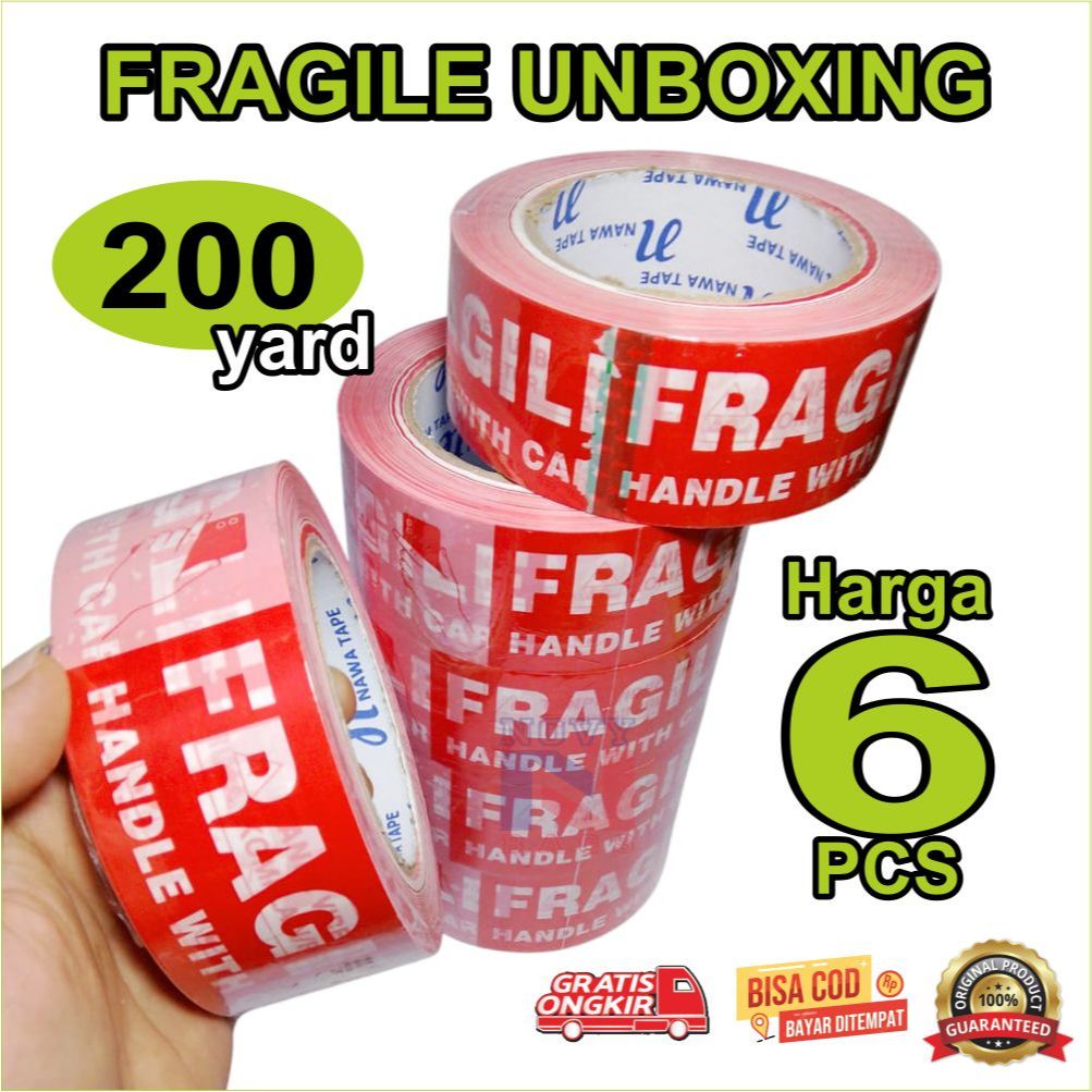 

TAPE LAKBAN FRAGILE UNBOXING PANJANG 200YARD HARGA UNTUK 6 PCS / 1 SLOP, LAKBAN VIDEO UNBOXING