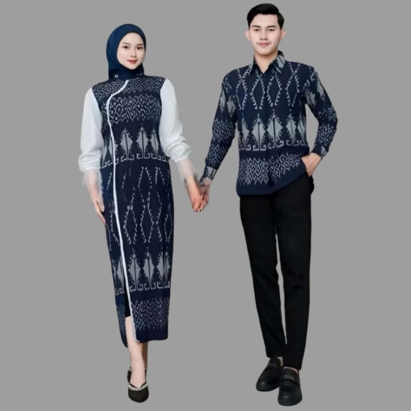 Set Couple Baju Pasangan Kondangan Kemeja Batik Pria Gamis Tenun Wanita Tenun Blanket Halusan Navy